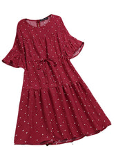 Half Sleeve Polka Dot Print Drawstring Waist Vintage Dress
